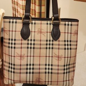 Burberry Haymaker Beige Plaid Tote with Dark Brown Leather Trim